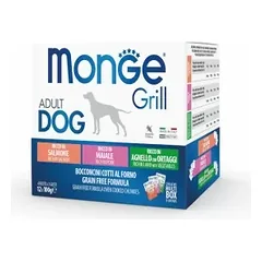 Monge GRILL MIX kepti želė gabaliukai suaugusiems šunims su lašiša/kiauliena/ėriena 12x100g