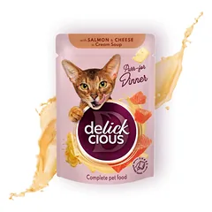 Delickcious juostelės su lašiša ir sūriu kreminėje sriuboje katėms, 85g