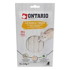 Katėms skirti skanėstai – Ontario laižomi skanėstai su vištienos skoniu ir multivitaminais, 5 x 14 g