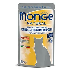 Monge Natural Kitten Tuna & Chicken Liver konservai kačiukams drebučiuose