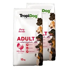TROPIDOG Premium suaugusiems, vidutinių ir didelių veislių šunims- kalakutiena su ryžiais 2x12kg