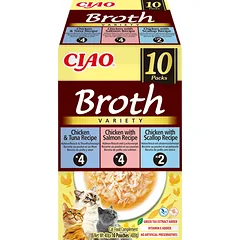 INABA Ciao Broth – cat treat with chicken and salmon, chicken and tuna, and chicken and scallop flavors, 12 pcs. (40 g each)