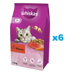 WHISKAS Adult 6x1,4 kg sausas visavertis pašaras suaugusioms katėms su gardžia jautiena
