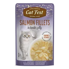 CatFest Salmon Fillets In Jelly visavertis maistas suaugusiems katėms su laukiniu lašišu drebučiuose, 70 g