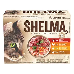 SHELMA Cat vištiena, jautiena, antis ir kalakutiena konservai katėm 12x 85g