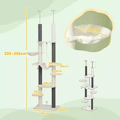 Kačių draskyklė, lubinė, reguliuojama 225–255 cm, su platformomis ir hamakais, apsauga nuo apvirtimo, balta — 3 nuotrauka