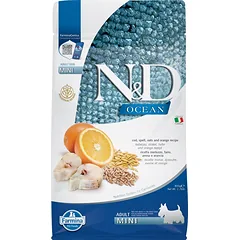 FARMINA N&D Ocean Adult Mini codfish, spelt, oats, orange 800 g menkė, spelta kviečiai, avižos, apelsinas