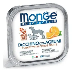 Monge Monoproteinic Fruits Pate Turkey With Citrus Fruits šlapias maistas šunims su kalakutiena ir citrusiniais vaisiais, 150 g