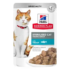 Hills Science Plan Sterilised Cat Young Adult ėdalas katėms su upėtakiu guliašas 12x85g