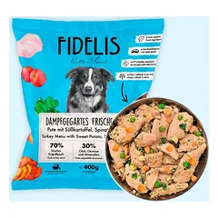 FIDELIS šaldytas BARF maistas šunims su kalakutiena, batatais, špinatais ir obuoliais (400 g)