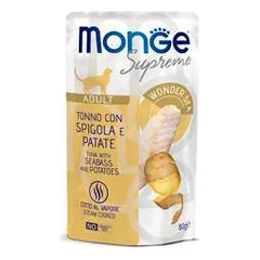 Monge Supreme Cat Wet Pouches drėgnas maistas katėms su tunu, jūros ešeriais ir bulvėmis, 80 g