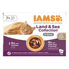 IAMS Delights Land & Sea konservai vyresnėms katėms padaže, 12×85 g