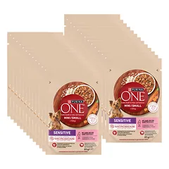 PURINA ONE Sensitive Mini/Small Suaugusių šunų ėdalas su lašiša, ryžiais ir morkomis padaže, 26x85 g
