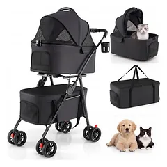 GIANTEX Doppel-Hundewagen 3-in-1, 30 kg, Sonnendach, Netz, Getränkehalter.