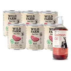 WILD FARM Pate Beef 6x800g ėdalas šunims be glitimo + LAB V Lašišų aliejus šunims ir katėms 1000ml