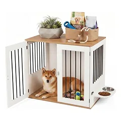 GIANTEX Hundekäfig-Möbel 80 cm, Holz, 360° Futternäpfe, abschließbare Tür.