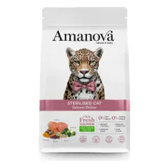 Amanova Sterilised Low Grain sausas pašaras su lašiša ir bolivine balanda sterilizuotoms katėms - Pet24