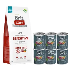 BRIT CARE Grain-free Sensitive Venison 12kg + Wild Farm Superfood Duck 6x400 g pašaro šunims be grūdų