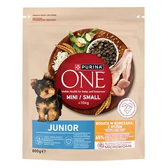 Purina One Junior Mini/Small šuniukų maistas, turtingas vištiena ir ryžiais, 800 g