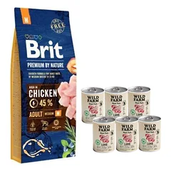 BRIT Premium By Nature Adult M 8kg + Wild Farm Pate Lamb 6x400g ėrienos ėdalas šunims be glitimo
