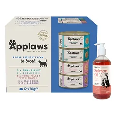 Applaws Multipack Žuvies rinkinys sultinyje 24x70g SKARDINĖ +LAB V Lašišų aliejus šunims ir katėms 500ml