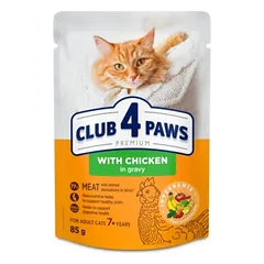 CLUB 4 PAWS PREMIUM SU VIŠTIENA PADAŽE. VISAVERTIS KONSERVUOTAS PAŠARAS  SUAUGUSIOMS  KATĖMS NUO 7 METŲ 24 x 0.85g.
