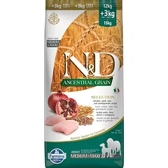 FARMINA N&D Ancestral Selection Dog Adult Medium & Maxi su vištiena ir granatais 15 kg suaugusiems vidutinių ir didelių veislių šunims + 3 x FARMINA N&D Tropical Selection Dental Treat Pork Medium/Maxi 100 g DOVANŲ!