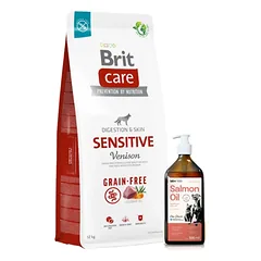 BRIT CARE Grain-free Sensitive Venison 12kg + Lab-V 100% lašišų aliejus įvairaus amžiaus šunims ir katėms 500ml šalto spaudimo