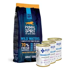 PRIMAL SPIRIT 70% Wild Waters 12kg + ENZO VET Hipoalerginė dieta su triušiena šunims 3x400g