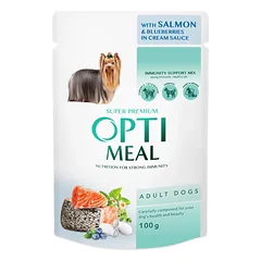 OPTIMEAL ™ Visavertis konservuotas pašaras suaugusiems šunims su lašiša ir mėlynėmis kreminiame padaže 12x0.1 kg