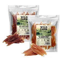 WILD FARM Vištienos krūtinėlės filė ant pagaliuko 500g + Minkšti anties juostelės 500g skanėstas šunims