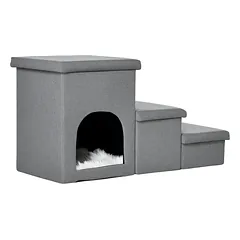 Laipteliai augintiniams su nameliu ir paslėpta daiktadėže, 73,5x33x40,5 cm, katėms iki 5 kg, šviesiai pilki