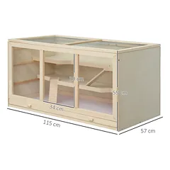 Medinis 3 aukštų žiurkėno narvas su lengvai valomu padėklu, atveriamu dangčiu ir laipteliais, 115 x 57 x 55 cm, natūralios medienos spalvos — 3 nuotrauka