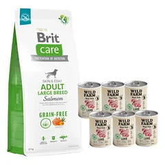 BRIT CARE Dog Grain-free Adult Large Breed Salmon 12kg + Wild Farm Pate Lamb 6x400g ėrienos ėdalas šunims be glitimo