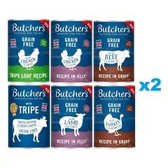 BUTCHER'S Original Mixed Flavours 12x400g padaže (su jautiena, su kalakutiena) drebučiuose (su vištiena, su ėriena) paštete (su raugu, su vištiena ir raugu)