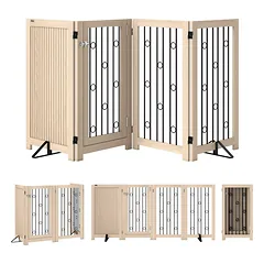 Laisvai stovinčios apsauginės grotelės šunims su durelėmis, 4 plokštės, koridoriui, laiptams, durų angoms, 205x30,5x91,5 cm, ąžuolo spalvos/juodos