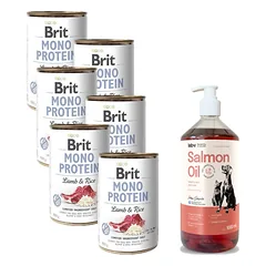 BRIT MONO BALTYMŲ JĖGŪNAS IR RUDONIEJI RYŽIAI 6x400g + LAB V Lašišų aliejus šunims ir katėms 1000ml