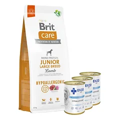 BRIT CARE Dog Hypoallergenic Junior Large Breed Lamb 12kg + ENZO VET Hipoalerginė dieta su kalakutiena šunims 3x400g