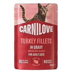 Carnilove Cat Pouch Kalakutas Valerijonas drėgnas maistas suaugusiems katėms su kalakuto mėsa ir valerijonu, 85 g