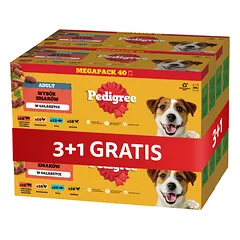 PEDIGREE Adult „Wybór Smaków“ pakeliai (4 x 40 x 100 g) – visavertis šlapias maistas suaugusiems šunims: su jautienos ir kepenėlių mišiniu, su vištiena, su žuvimi, su paukštiena, želatinoje – 3 + 1 NEMOKAMAI