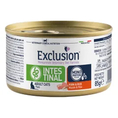 Exclusion Intestinal konservai katėms su kiauliena ir ryžiais, 85 g