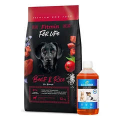 FITMIN For Life Beef & Rice 12kg + LAB V Lašišų aliejus šunims ir katėms 500ml