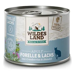WILDES LAND trout&salmon begrūdžiai konservai katėms su upėtakiu ir lašiša, 185 g