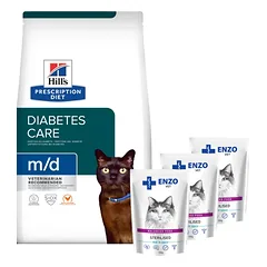 HILL'S PD Prescription Diet Feline m/d 3kg + ENZO VET Sterilizuota su veršiena padaže 3x100g