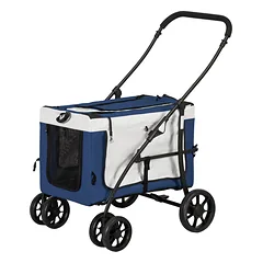 Vežimėlis šunims ir katėms iki 10 kg, sulankstomas, su nuimamu krepšiu ir reguliuojamais nešiojimo dirželiais, 81 x 58 x 97,5 cm, juodas, mėlynas ir baltas
