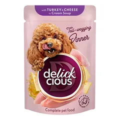 DELICKCIOUS konservuotas pašaras su kalakutiena ir sūriu suaugusiems šunims, 85 g