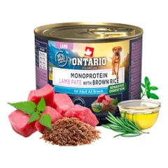 Ontario vieno baltymo konservai suaugusiems šunims su ėriena ir rudaisiais ryžiais, 200 g