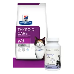 HILL'S PD Prescription Diet Feline y/d 1,5kg + LAB-V Thyron - normalios skydliaukės funkcijos palaikymas šunims ir katėms 45 kapsulės