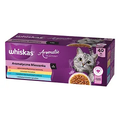 WHISKAS Adult Aromatic Mixture Sachets 40x85g drėgnas visavertis pašaras suaugusioms katėms su glazūruota kiauliena ir morkomis, sultinga vištiena, sultinyje esančiais vandenyno žuvies gabalėliais, švelnia lašiša ir žirneliais