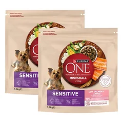 PURINA ONE Mini Small Sensitive Salmon and Rice 2x1,5 kg su lašiša ir ryžiais, sausas maistas mažiems šunims su jautria virškinimo sistema